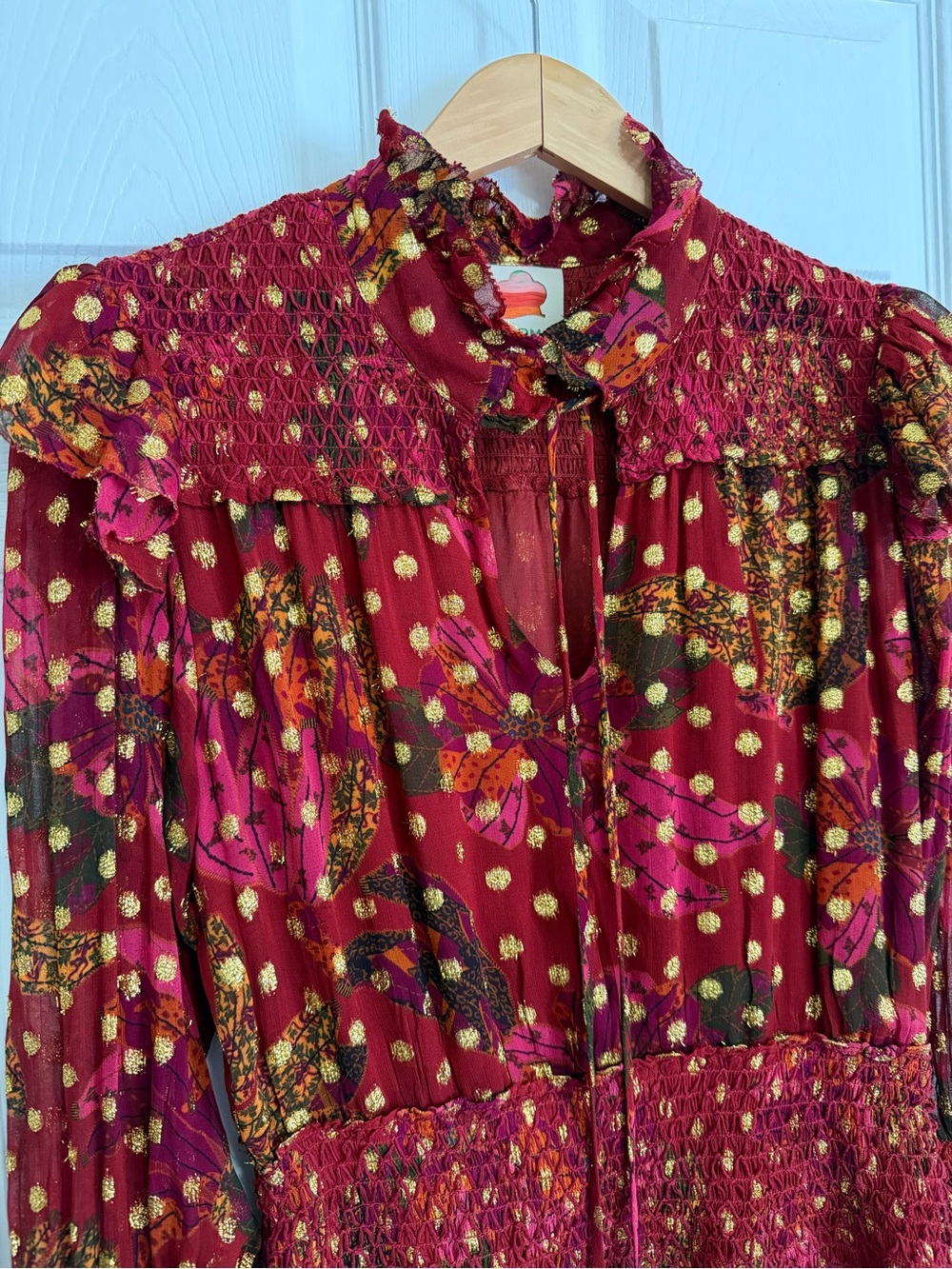 Farm Rio Banana Flowers Mini Dress Long Sleeve Ruffled Maroon Gold Size Medium - Picture 4 of 15
